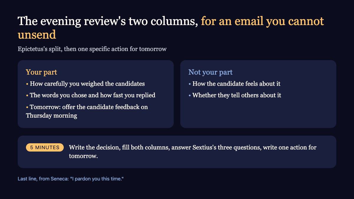 Two columns for a hiring rejection: your part, such as the words you chose, and not your part, such as how the candidate feels