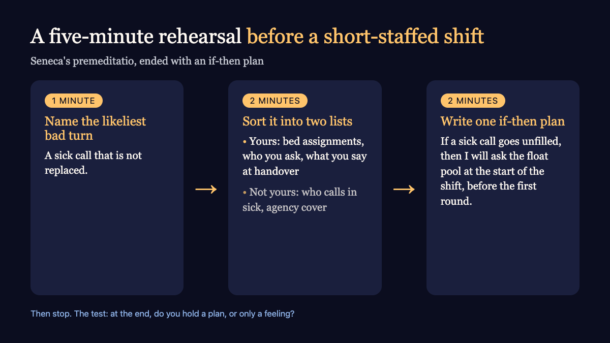 The five-minute rehearsal in three steps: name the likeliest bad turn, sort what is yours, write one if-then plan