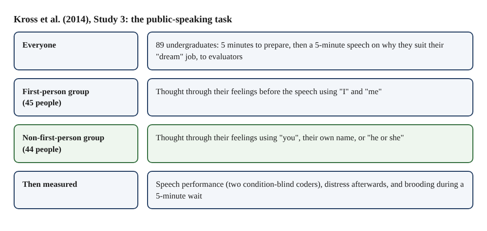 A four-row diagram of Study 3: everyone, the first-person group, the non-first-person group, and what was measured