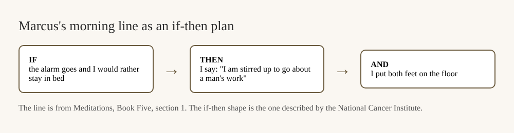 A three-box diagram: if the alarm goes and I would rather stay in bed, then I say Marcus's line, and I put both feet on the floor