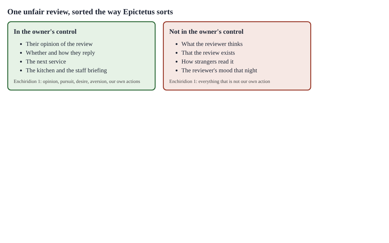 A two-column diagram sorting an unfair review into what is in the owner's control and what is not