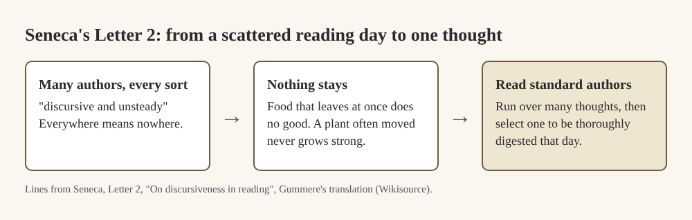 A three-box diagram: many authors, nothing stays, then one thought digested each day